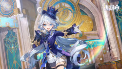 Rule 34 | 1girl, ahoge, ascot, asymmetrical gloves, black ascot, black gloves, blue ascot, blue brooch, blue eyes, blue gemstone, blue hair, blue hat, blue jacket, cowlick, drop-shaped pupils, furina (genshin impact), gem, genshin impact, gloves, hair between eyes, hat, heterochromia, highres, jacket, light blue hair, long hair, long sleeves, looking at viewer, mismatched gloves, mismatched pupils, multicolored hair, official art, open mouth, shorts, smile, solo, streaked hair, symbol-shaped pupils, third-party source, top hat, white gloves, white hair, white shorts, white trim bow