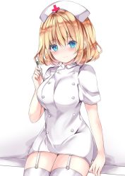 Rule 34 | 1girl, alice margatroid, alternate costume, arm support, blonde hair, blue eyes, blush, breasts, closed mouth, commentary request, cowboy shot, digital thermometer, dress, hair between eyes, hair intakes, hat, highres, holding, holding thermometer, large breasts, looking at viewer, nanase nao, nurse, nurse cap, short hair, short sleeves, simple background, sitting, smile, solo, thermometer, touhou, white background, white dress