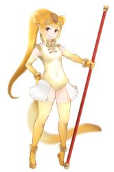 Rule 34 | 10s, 1girl, animal ears, brown eyes, circlet, elbow gloves, full body, gloves, golden snub-nosed monkey (kemono friends), hand on own hip, holding, holding staff, ise (0425), kemono friends, leotard, long hair, looking at viewer, monkey ears, monkey tail, orange hair, ponytail, simple background, sleeveless, smile, solo, staff, standing, tail, thighhighs, very long hair, white background, yellow gloves, yellow leotard, yellow thighhighs