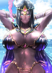 Rule 34 | 1girl, arm wrap, armor, armpits, arms behind head, arms up, bandaged arm, bandages, beach, bikini armor, black hair, blue sky, blush, bracelet, breasts, circlet, dark-skinned female, dark skin, day, facial mark, fate/grand order, fate (series), feathers, forehead jewel, green eyes, hat, highres, jewelry, large breasts, long hair, looking at viewer, navel, ocean, open mouth, pauldrons, scheherazade (fate), shoulder armor, sky, solo, uenoryoma, very long hair