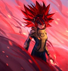Rule 34 | 1girl, aura, big hair, breasts, commentary, elf, english commentary, fire, hairband, hood, hood down, hoodie, original, pointy ears, powering up, red eyes, red hair, ron tsfany, serious, small breasts, solo, spiked hair, yellow (ron tsfany), yellow hoodie