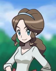 Rule 34 | 1girl, artist request, blue eyes, breasts, brown hair, cleavage, creatures (company), game freak, hairband, hand on own hip, long hair, looking at viewer, mature female, medium breasts, mother (pokemon), nintendo, official art, official style, pokemon, pokemon bw, smile, solo, third-party edit, unova mother (bw), upper body