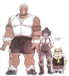 Rule 34 | 1girl, 2boys, animal ears, bare shoulders, black hair, blush, body fur, breasts, butler, character request, chest hair, dog boy, dog ears, facial hair, full body, fuyodo, giant, giant male, goatee, gomeisa (live a hero), grey hair, head on chest, height difference, highres, live a hero, long sideburns, male focus, multiple boys, muscular, necktie, pectorals, pelvic curtain, short hair, sideburns, size difference, sketch, sleeveless, tattoo, tribal tattoo, upper body