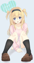 Rule 34 | 1girl, :d, between legs, black hairband, black socks, blonde hair, blue eyes, blue panties, blush, brown footwear, chitose sana, collarbone, colored eyelashes, commentary, covering privates, covering crotch, crossed bangs, double-parted bangs, double bun, eyes visible through hair, full body, grey background, hair between eyes, hair bun, hair intakes, hair over shoulder, hairband, hand between legs, happy birthday, heart, highres, hirocchi, knees up, legs, loafers, long hair, looking at viewer, miniskirt, open mouth, panties, panty peek, pink sweater, shoes, sidelocks, simple background, sitting, skirt, sleeves past wrists, smile, socks, solo, straight-on, sweater, tenshinranman, two side up, underwear, upturned eyes, white skirt