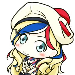 Rule 34 | 10s, 1girl, aka shiba, beret, blonde hair, blue eyes, blue hair, breasts, chibi, cleavage, commandant teste (kancolle), hair ornament, hat, jacket, kantai collection, long hair, matching hair/eyes, multicolored hair, pom pom (clothes), red hair, scarf, smile, solo, streaked hair, white hair