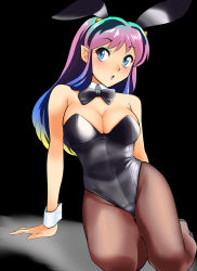 Rule 34 | 1girl, absurdres, animal ears, arm support, black background, black bow, black bowtie, black leotard, black pantyhose, blue eyes, bow, bowtie, breasts, cleavage, commentary request, cone horns, detached collar, fake animal ears, fishnet pantyhose, fishnets, gradient hair, highres, horns, leotard, looking at viewer, lum, medium breasts, multicolored hair, nanao futaba, pantyhose, playboy bunny, pointy ears, rabbit ears, simple background, sitting, solo, strapless, strapless leotard, urusei yatsura, wrist cuffs, yokozuwari