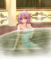 Rule 34 | 10s, 1girl, bare shoulders, bath, bathroom, breasts, covering privates, guilty crown, long hair, looking at viewer, naked towel, nude cover, open mouth, pink hair, red eyes, sawwei005, solo, steam, towel, yuzuriha inori