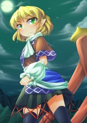 Rule 34 | 1girl, arm warmers, black thighhighs, blonde hair, blush, detached sleeves, female focus, full moon, fun bo, green eyes, mizuhashi parsee, moon, night, no nose, pointy ears, short hair, skirt, sky, solo, standing, thighhighs, touhou