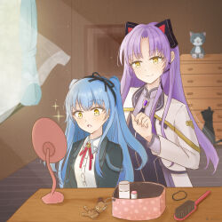 Rule 34 | 2girls, :o, absurdres, alternate hairstyle, animal ear hairband, animal ears, black hairband, blue hair, blurry, blurry background, cabinet, cat ears, commentary request, cosplay, costume switch, curtained hair, dot nose, eiyuu densetsu, eyelashes, fake animal ears, formal, hair brush, hairband, hairstyle switch, hajimari no kiseki, hanachocolate30, highres, indoors, kuro no kiseki, kuro no kiseki ii, long hair, looking at mirror, mirror, mishy, multiple girls, renne (eiyuu densetsu), sen no kiseki, sen no kiseki iv, sitting, smile, sparkle, standing, stuffed animal, stuffed toy, suit, teddy bear, tio plato, twintails, upper body, white suit, window, yellow eyes