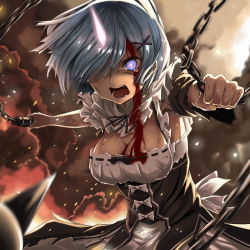 Rule 34 | 10s, 1girl, action, angry, ball and chain (weapon), black bow, black ribbon, blood, blood on face, blood on clothes, blue eyes, blue hair, bow, breasts, bruise, burn scar, chain, cleavage, detached sleeves, dress, dust, eyelashes, glowing, glowing eyes, glowing horns, hair ornament, hair over one eye, hairclip, highres, holding, holding weapon, horns, injury, light particles, looking at viewer, maid, matching hair/eyes, medium breasts, motion blur, no headwear, one eye covered, oni, oni horns, open mouth, outstretched arms, re:zero kara hajimeru isekai seikatsu, rem (re:zero), ribbon, ribbon trim, scar, shade, short hair, single horn, smoke, solo, spikes, spoilers, tama satou, tears, underbust, upper body, weapon, white bow, x hair ornament
