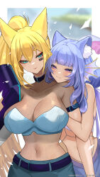 Rule 34 | 2girls, absurdres, animal ear fluff, aqua pants, barcode, barcode tattoo, blonde hair, blue eyes, blurry, blurry background, bodystocking, bow, breasts, cleavage, closed mouth, collarbone, commission, eyelashes, facial tattoo, fins, head fins, head on another&#039;s shoulder, highres, hug, hug from behind, k (art71), large breasts, long hair, multiple girls, navel, original, pants, pink bow, ponytail, purple eyes, purple hair, see-through, see-through cleavage, skeb commission, tail, tail bow, tail ornament, tattoo