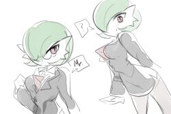 Rule 34 | 1girl, ?, arm at side, black jacket, black skirt, bob cut, breasts, cheokcheokaksa, closed mouth, clothed pokemon, collared shirt, cowboy shot, creatures (company), english text, female focus, formal, from side, game freak, gardevoir, gen 3 pokemon, glasses, green hair, grey pantyhose, hair over one eye, hand up, highres, jacket, long sleeves, looking at viewer, medium breasts, miniskirt, multiple views, nintendo, office lady, one eye covered, pantyhose, pencil skirt, pince-nez, pokemon, pokemon (creature), red eyes, shirt, short hair, side slit, simple background, sketch, skirt, skirt suit, speech bubble, spoken question mark, standing, suit, sweat, talking, upper body, white background, white shirt