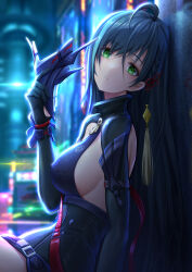Rule 34 | 1girl, absurdres, against wall, ahoge, black dress, black hair, blurry, blurry background, breasts, dress, expressionless, green eyes, hair ornament, highres, holding, holding mask, lin (tower of fantasy), long hair, looking at viewer, mask, medium breasts, mole, mole under eye, outdoors, royboy, sideboob, sitting, solo, tower of fantasy