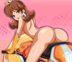 Rule 34 | 1girl, ass, breasts, brown hair, cleft of venus, crown, earrings, gloves, huge ass, jewelry, looking back, mario (series), mario kart, naughty face, nintendo, nude, princess daisy, pussy, sigurd hosenfeld, solo, super mario bros. 1, super mario land, tongue, uncensored