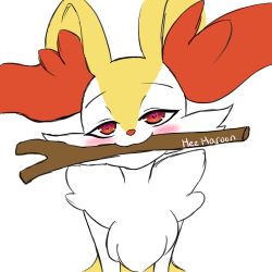 Rule 34 | 1girl, :3, animal ear fluff, animal ears, artist name, blush, braixen, closed mouth, creatures (company), female focus, fox ears, furry, furry female, game freak, gen 6 pokemon, half-closed eyes, happy, heart, heart-shaped pupils, highres, jpeg artifacts, looking at viewer, mezmaroon, mouth hold, nintendo, pokemon, pokemon (creature), red eyes, signature, simple background, smile, solo, stick, symbol-shaped pupils, upper body, white background
