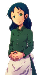 Rule 34 | 1girl, apron, blue hair, blue hat, breasts, collared shirt, dress, green eyes, green shirt, hat, head tilt, long hair, long sleeves, looking at viewer, nippon animation, own hands clasped, own hands together, parted lips, princess sarah, sarah crewe, shirt, simple background, small breasts, smile, solo, waist apron, white apron, white background, wing collar, world masterpiece theater