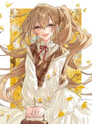 Rule 34 | 1boy, autumn leaves, bag, brown eyes, brown hair, cowboy shot, crossdressing, dress, ginkgo leaf, hanagata, handbag, highres, holding, holding bag, hoshimi-kun no produce, lace, lace-trimmed dress, lace collar, lace trim, leaf, long hair, looking at viewer, novel illustration, official art, puffy sleeves, red ribbon, ribbon, second-party source, side ponytail, smile, sweater vest
