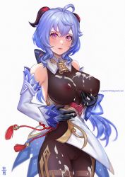 Rule 34 | 1girl, ahoge, artist name, bare shoulders, bell, black gloves, black pantyhose, blue hair, blush, bodystocking, bodysuit, breasts, cameltoe, chinese knot, cleft of venus, clothes lift, covered erect nipples, cowboy shot, cum, cum on body, cum on breasts, cum on clothes, cum on legs, cum on upper body, detached sleeves, flower knot, ganyu (genshin impact), genshin impact, gloves, gold trim, grabbing own breast, groin, highres, horns, large breasts, legs together, long hair, looking at viewer, neck bell, pantyhose, pelvic curtain, pelvic curtain lift, purple eyes, see-through, sidelocks, solo, standing, sweatdrop, tassel, thighlet, thighs, veloaoi, waist cape, white background, white sleeves