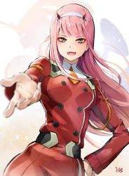 Rule 34 | 10s, 1girl, :d, bad id, bad pixiv id, blunt bangs, blurry, blurry foreground, breasts, commentary request, darling in the franxx, depth of field, eyeshadow, fangs, green eyes, hairband, hand on own hip, highres, horns, hoshizaki reita, jacket, long hair, long sleeves, looking at viewer, makeup, medium breasts, necktie, open mouth, orange necktie, pink hair, reaching, reaching towards viewer, red jacket, shirt, signature, smile, solo, standing, upper body, white shirt, zero two (darling in the franxx)
