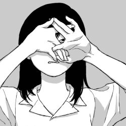 Rule 34 | 1girl, collared shirt, commentary request, covering own eyes, greyscale, hands up, interlocked fingers, long hair, monochrome, one eye covered, open mouth, original, own hands together, peeking through fingers, rolling eyes, scowl, shirt, shokugyo, short sleeves, simple background, solo, straight-on, upper body