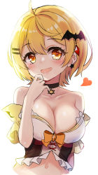 Rule 34 | 1girl, :d, ahoge, backlighting, bare shoulders, bat hair ornament, black choker, blonde hair, blush, breasts, brown eyes, choker, cleavage, collarbone, cropped torso, fang, hair between eyes, hair ornament, hairclip, hand up, heart, highres, hololive, large breasts, looking at viewer, navel, open mouth, short hair, simple background, smile, solo, unname, upper body, virtual youtuber, white background, yozora mel, yozora mel (1st costume)