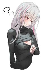 Rule 34 | 1girl, ?, absurdres, asumi sena, black sweater, blush, breast conscious, breasts, cleavage, cleavage cutout, clothing cutout, frown, grey hair, hair ornament, highres, long hair, long sleeves, looking at breasts, meme attire, multicolored hair, oa (or 12o), open-chest sweater, pink hair, red eyes, ribbed sweater, small breasts, solo, sweater, virtual youtuber, vspo!