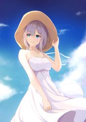 Rule 34 | 1girl, arm up, bare shoulders, blue eyes, blue sky, closed mouth, cloud, collarbone, commentary request, dress, evanstan, hair between eyes, hat, highres, holding, holding clothes, holding hat, kaga sumire, light purple hair, looking to the side, lupinus virtual games, mole, mole under eye, short hair, sky, sleeveless, sleeveless dress, smile, solo, spaghetti strap, standing, straw hat, virtual youtuber, vspo!, white dress