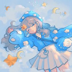 Rule 34 | 1girl, artist name, bag, blue bag, blue cardigan, blue headwear, blush, borrowed character, cardigan, closed eyes, cloud, commentary, cowboy shot, crescent moon, english commentary, flower, grey hair, hair flower, hair ornament, hairclip, heart, highres, long hair, long sleeves, lying, moon, on back, on cloud, open mouth, original, pleated skirt, puffy long sleeves, puffy sleeves, riifushi, shoulder bag, skirt, sleeping, solo, star (symbol), watermark, white skirt, yellow flower