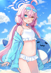 Rule 34 | 1girl, :d, absurdres, bare shoulders, bikini, blue archive, blue eyes, blue jacket, blue sky, blush, cloud, collarbone, cowboy shot, day, eyewear on head, frilled bikini, frills, hair bobbles, hair ornament, halo, heterochromia, highres, hoshino (blue archive), inflatable toy, jacket, long hair, long sleeves, looking at viewer, low twintails, navel, ocean, okiq, open clothes, open jacket, open mouth, orange eyes, outdoors, sky, sleeves past wrists, smile, solo, stomach, sunglasses, swimsuit, twintails, very long hair, water, white bikini