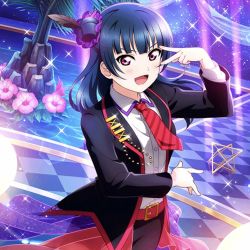 Rule 34 | 1girl, artist name, artist request, belt, black cardigan, black feathers, black jacket, black pants, blue hair, blue sky, blush, breasts, cardigan, cloud, collared shirt, feather hair ornament, feathers, female focus, floating hair, guilty kiss (love live!), hair bun, hair ornament, hair scrunchie, jacket, long hair, long sleeves, looking at viewer, love live!, love live! school idol festival, love live! sunshine!!, necktie, night, night sky, outdoors, palm tree, pants, parted lips, pink eyes, purple eyes, purple scrunchie, red belt, red necktie, scrunchie, shirt, side bun, single hair bun, sky, smile, solo, sparkle, star (sky), striped, striped necktie, tree, tsushima yoshiko, v, v over eye, white shirt