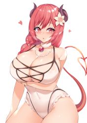 Rule 34 | 1girl, arm under breasts, bare shoulders, blush, braid, breasts, cleavage, collarbone, covered navel, cowboy shot, cross-laced clothes, cross-laced one-piece swimsuit, curled horns, demon girl, demon horns, demon tail, eyelashes, flower, gem, hair between eyes, hair flower, hair ornament, hand on own thigh, heart, heavy breathing, hibiscus, highres, horns, io (princess connect!), io (summer) (princess connect!), jewelry, kuavera, large breasts, long hair, looking at viewer, necklace, one-piece swimsuit, parted lips, princess connect!, red eyes, red hair, simple background, skindentation, solo, swimsuit, tail, tail raised, thick thighs, thighs, white background, white flower, white one-piece swimsuit