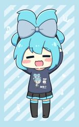 Rule 34 | 1girl, = =, aqua hair, arms up, beamed eighth notes, black skirt, black thighhighs, blue background, blue bow, blue sweater, blush stickers, bow, character print, chibi, cinnamiku, cinnamoroll, closed eyes, commentary, crown, eighth note, facing viewer, full body, hair bow, hands in hair, hatsune miku, heart, highres, long hair, musical note, nukotun, open mouth, pleated skirt, quarter note, sanrio, shirt, skirt, smile, solo, standing, sweater, thighhighs, treble clef, twintails, updo, vocaloid