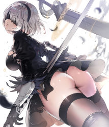 Rule 34 | 1girl, artist request, ass, bad id, bad pixiv id, black dress, black gloves, blindfold, breasts, commentary, dress, dutch angle, feather trim, feathers, flat ass, gloves, hairband, holding, holding weapon, leotard, looking at viewer, medium breasts, nier:automata, nier (series), parted lips, short dress, short hair, simple background, solo, sword, thighhighs, weapon, white hair, 2b (nier:automata)