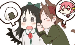 Rule 34 | animal ears, bad id, bad pixiv id, blush, bow, cat ears, cat girl, cat tail, chibi, closed eyes, covering own mouth, female focus, food, hair bow, hand over mouth, hand over own mouth, kaenbyou rin, komeiji satori, long hair, multiple girls, nichijou, onigiri, open mouth, parody, reiuji utsuho, saliva, short hair, style parody, tail, thought bubble, touhou, ume (plumblossom), whispering
