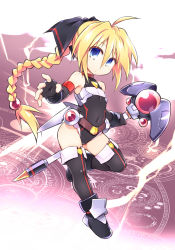 Rule 34 | 1girl, belt, black thighhighs, blonde hair, blue eyes, boots, bow, braid, covered navel, elbow gloves, fingerless gloves, full body, girl with a blonde braid (tomoshibi hidekazu), gloves, highres, leg lift, leotard, long hair, looking at viewer, magic circle, original, outstretched arms, outstretched hand, ponytail, ribbon, single braid, sleeveless, solo, standing, standing on one leg, thighhighs, tomoshibi hidekazu, very long hair, wand, weapon