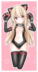 Rule 34 | 1girl, animal ears, animal hands, arms up, black gloves, black leotard, black thighhighs, blush, breasts, brown hair, cat ears, center opening, elbow gloves, fake animal ears, fate/kaleid liner prisma illya, fate (series), gloves, highres, illyasviel von einzbern, illyasviel von einzbern (beast style), langley1000, leotard, long hair, navel, paw gloves, red eyes, small breasts, solo, thigh gap, thighhighs, thighs