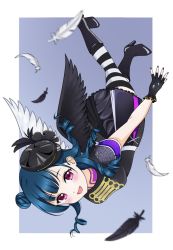 Rule 34 | 1girl, alternate hairstyle, artist name, artist request, asymmetrical wings, band uniform, belt, black footwear, black gloves, black hat, black legwear, black shirt, black skirt, black wings, blue hair, blush, boots, breasts, collared shirt, curly hair, epaulettes, feathers, female focus, fingerless gloves, floating, floating hair, flying, frilled sleeves, frills, full body, gloves, hair bun, hat, high heel boots, high heels, highres, in the unstabe world, in the unstabe world (love live!), long hair, looking at viewer, love live!, love live! school idol festival, love live! sunshine!!, medium breasts, mini hat, miniskirt, mismatched wings, parted lips, pink eyes, plaid, plaid skirt, pleated, pleated skirt, purple eyes, purple skirt, shirt, short sleeves, shoulder pads, side bun, single hair bun, skirt, smile, solo, striped legwear, tsushima yoshiko, white belt, white feathers, white legwear, white wings, wings