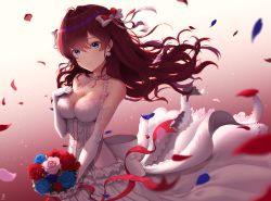 Rule 34 | 1girl, :3, ahoge, bare shoulders, blue eyes, blue flower, blue rose, blush, bouquet, breasts, brown hair, choker, cleavage, collarbone, dress, earrings, elbow gloves, flower, flower choker, frilled dress, frills, gloves, gradient background, hair ribbon, hand on own chest, hand up, highres, ichinose shiki, idolmaster, idolmaster cinderella girls, idolmaster cinderella girls starlight stage, jewelry, lace, lace-trimmed choker, lace-trimmed dress, lace trim, large breasts, lips, long hair, looking at viewer, maitake (maitake1234), petals, pom pom (clothes), pom pom earrings, red choker, red flower, red ribbon, red rose, ribbon, rose, simple background, smile, solo, wavy hair, white dress, white flower, white gloves, white ribbon, white rose