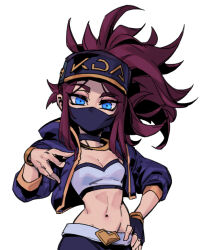 Rule 34 | 1girl, akali, belt, black choker, black gloves, black pants, blue eyes, bracelet, breasts, choker, cleavage, cropped jacket, fingerless gloves, gloves, grey belt, hand on own hip, jacket, jewelry, k/da (league of legends), k/da akali, league of legends, long hair, mask, midriff, mouth mask, navel, necklace, open clothes, open jacket, pants, phantom ix row, red hair, simple background, single glove, small breasts, solo, stomach, white background