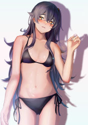 Rule 34 | 1girl, 3 small spiders, absurdres, arm up, bare shoulders, bikini, black bikini, blush, breasts, brown eyes, brown hair, collarbone, commentary, feet out of frame, girls&#039; frontline, hair ornament, hairclip, halterneck, highres, long hair, looking at viewer, navel, open mouth, scar, scar across eye, shadow, side-tie bikini bottom, side ponytail, small breasts, solo, standing, string bikini, swimsuit, ump45 (girls&#039; frontline), white background