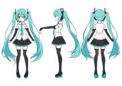 Rule 34 | 1girl, adapted costume, aqua eyes, aqua hair, aqua nails, back, black footwear, black skirt, black sleeves, black thighhighs, breasts, closed mouth, colored shoe soles, commentary request, detached sleeves, fingernails, full body, hair ornament, hatsune miku, hatsune miku (vocaloid4), headphones, high heels, jashin-chan dropkick, long hair, looking at viewer, medium breasts, multiple views, necktie, official art, outstretched arm, shirt, shoulder tattoo, simple background, skirt, sleeveless, sleeveless shirt, smile, tattoo, thighhighs, tie clip, twintails, v4x, very long hair, vocaloid, white background, white shirt, yukiwo