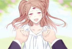 Rule 34 | 1girl, blush, brown hair, charlotte pudding, dress, holding hands, head tilt, long hair, looking at viewer, one piece, open mouth, out of frame, pov, pov hands, purple eyes, smile, third eye, too mizuguchi, twintails