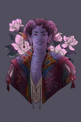 Rule 34 | 1boy, black hair, colored skin, critical role, curled horns, curly hair, dungeons & dragons, dungeons &amp; dragons, earrings, floral background, flower, freeingkhur, grey background, grin, highres, horns, jewelry, leaf, looking at viewer, male focus, mature male, mollymauk tealeaf, multicolored clothes, open clothes, patchwork clothes, patterned clothing, pink flower, pointy ears, portrait, purple skin, red eyes, short hair, smile, solo, teeth, upper body