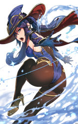 Rule 34 | 1girl, absurdres, ass, black gloves, blue eyes, blue hair, breasts, brown pantyhose, cape, detached sleeves, disto, dress, earrings, elbow gloves, genshin impact, gloves, hat, high heels, highres, jewelry, long hair, looking at viewer, looking back, medium breasts, mona (genshin impact), open mouth, outstretched arm, outstretched arms, pantyhose, purple hair, signature, solo, witch hat