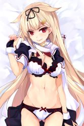 Rule 34 | 1girl, absurdres, arm at side, bed sheet, black gloves, black legwear, black shirt, black skirt, blonde hair, blouse, bow, bow bra, bow panties, bra, breasts, closed eyes, closed mouth, clothes lift, dakimakura (medium), fang, fang out, fangs, fingerless gloves, gloves, gluteal fold, groin, hair flaps, hand up, highres, huge filesize, kantai collection, lace, lace-trimmed bra, lace-trimmed panties, lace trim, lingerie, long hair, looking at viewer, lying, medium breasts, miniskirt, navel, on back, panties, pleated skirt, red eyes, ribbon-trimmed bra, ribbon-trimmed panties, sailor collar, scarf, shirokitsune, shirt, shirt lift, short sleeves, sidelocks, skirt, unworn skirt, smile, solo, stomach, underwear, white bra, white panties, white scarf, yuudachi (kancolle), yuudachi kai ni (kancolle)