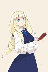 Rule 34 | 1girl, blonde hair, blue dress, blue eyes, blue necktie, closed mouth, crossed arms, dot mouth, dress, drill hair, gundam, highres, kihel heim, long dress, long hair, looking at viewer, mitsutsu322, necktie, simple background, solo, standing, turn a gundam, white background