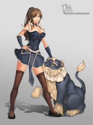 Rule 34 | 1girl, absurdres, animal, bad id, bad pixiv id, black thighhighs, blush, breasts, brown eyes, brown hair, cleavage, dduck kong, dog, hand on own hip, highres, large breasts, league of legends, long hair, looking at viewer, naver username, nidalee, parted lips, signature, smile, teeth, thighhighs, watermark, web address