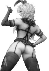 Rule 34 | 10s, 1girl, ass, cosplay, elbow gloves, from behind, garter straps, gloves, graphite (medium), greyscale, hair ornament, hairband, imizu (nitro unknown), kantai collection, long hair, metal gear (series), metal gear solid v: the phantom pain, monochrome, quiet (metal gear), quiet (metal gear) (cosplay), shimakaze (kancolle), simple background, solo, thighhighs, thong, traditional media, underwear