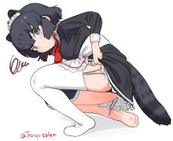 Rule 34 | &gt;:(, 1girl, alternate costume, animal ears, annoyed, apron, ass, asymmetrical legwear, barefoot, black hair, black jaguar (kemono friends), black panties, cat girl, closed mouth, colored inner hair, dress, enmaided, extra ears, frills, from side, frown, full body, garter straps, green eyes, highres, jaguar ears, jaguar tail, kemono friends, long sleeves, maid, maid apron, maid headdress, medium hair, multicolored hair, one-hour drawing challenge, on one knee, panties, pantyshot, short dress, sidelocks, single thighhigh, slit pupils, soles, solo, squiggle, tail, thighhighs, toes, tranqu, twitter username, two-tone hair, underwear, uneven legwear, v-shaped eyebrows, waist apron, white thighhighs