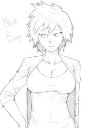 Rule 34 | 10s, 1girl, absurdres, bakugou mitsuki, boku no hero academia, breasts, character name, cleavage, collarbone, greyscale, half-closed eyes, highres, large breasts, mature female, monochrome, open clothes, parted lips, short hair, sketch, solo, tank top, upper body